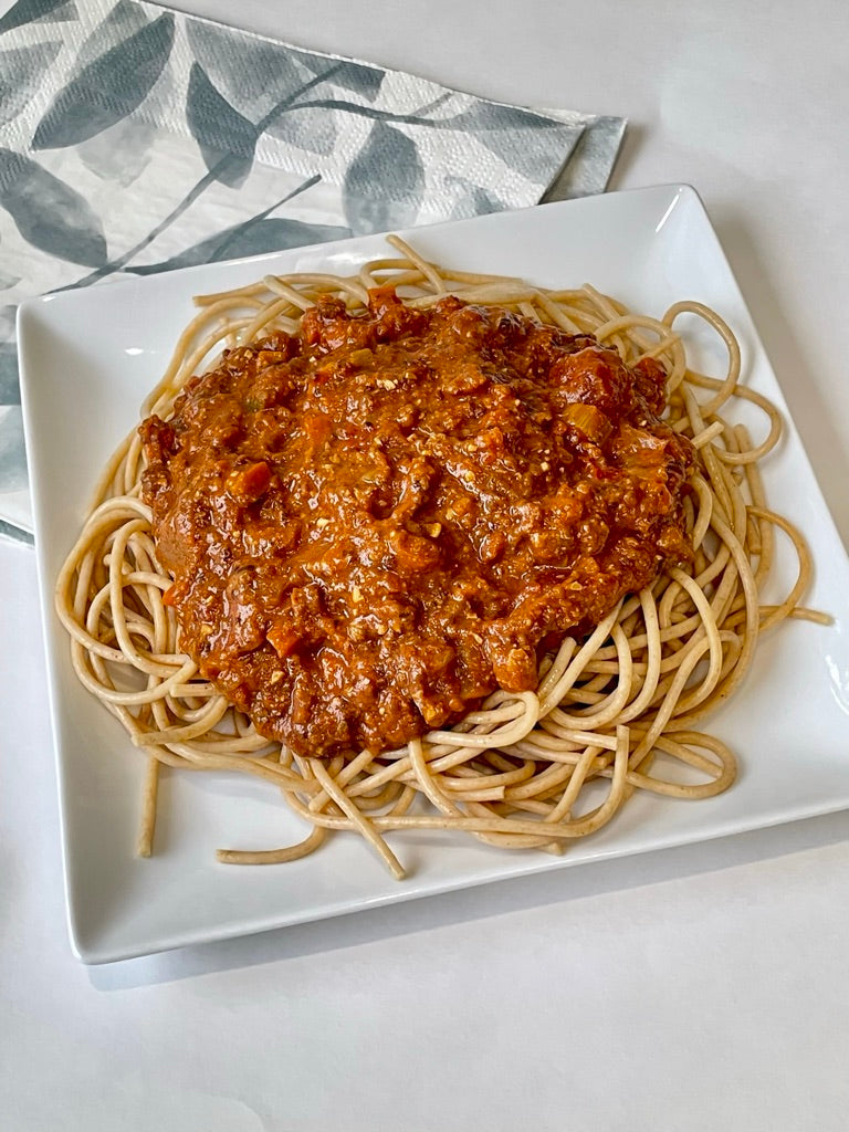 Plant-based Bolognese Sauce on pasta